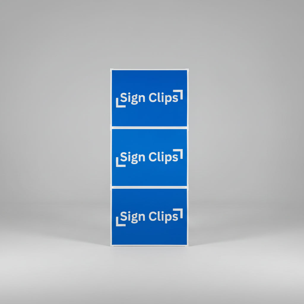 A blue triangular tower set made up of signs and sign clips intended for use as a yard sign stand.