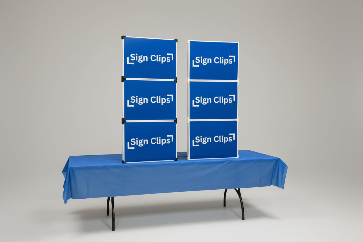 Two Sign Clip Table Top Display Towers on a table with a blue tablecloth. One Tower has white clips and the other has black clips.