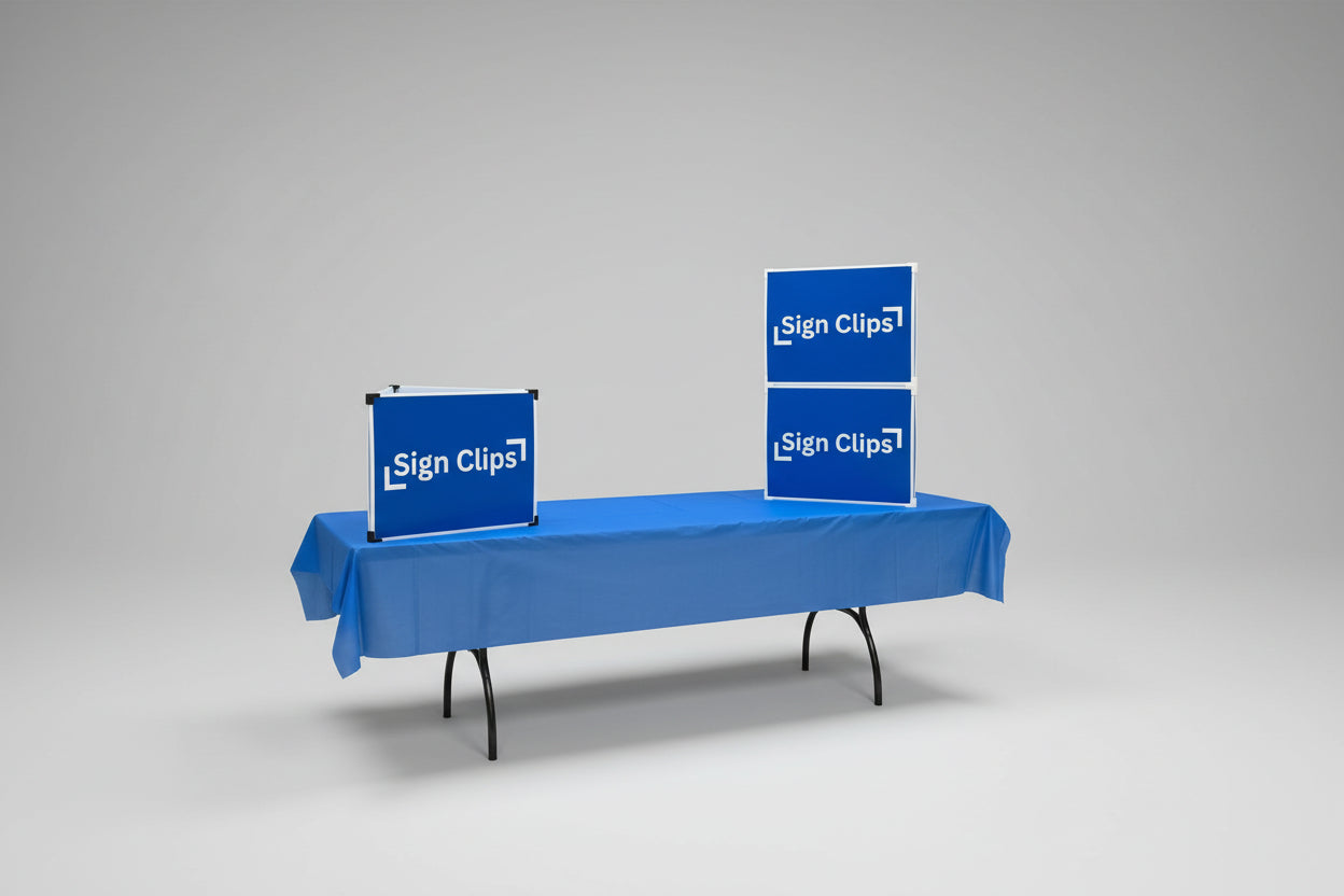 Two Sign Clip Display Table Towers on top of a table. One Tower is only one sign high and has black clips. The other is two signs high and has white clips. 