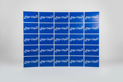 A professional display wall created by connecting multiple yard signs with Sign Clip hardware, showing a modular and sturdy backdrop setup.
