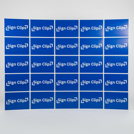 A professional display wall created by connecting multiple yard signs with Sign Clip hardware, showing a modular and sturdy backdrop setup.