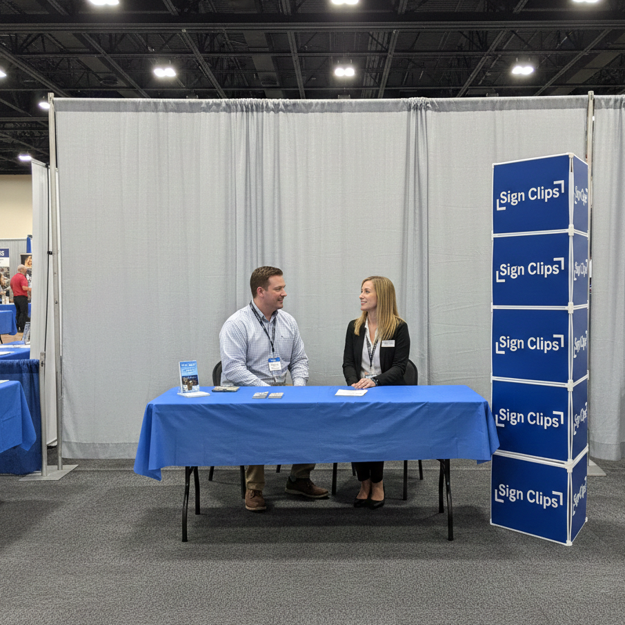 Two people sitting at a table with a 'Sign Clips' display at a convention center.