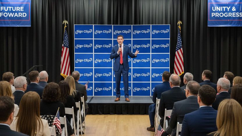 Candidate standing on a stage with a Sign Clip Wall made of yard signs behind him, addressing an audience.