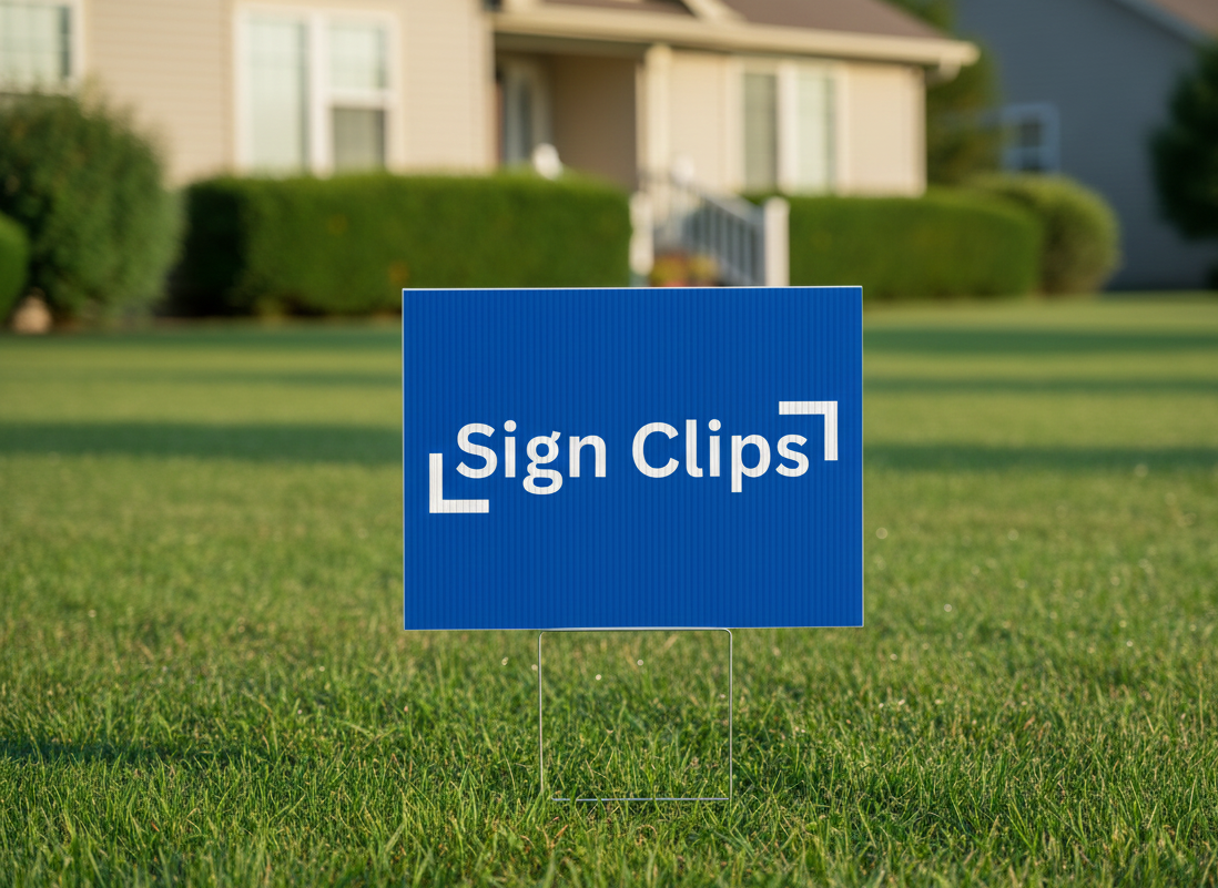 A branded yard sign securely placed in a grass lawn using traditional metal stakes, showing the sign's second life after being used in a display tower.
