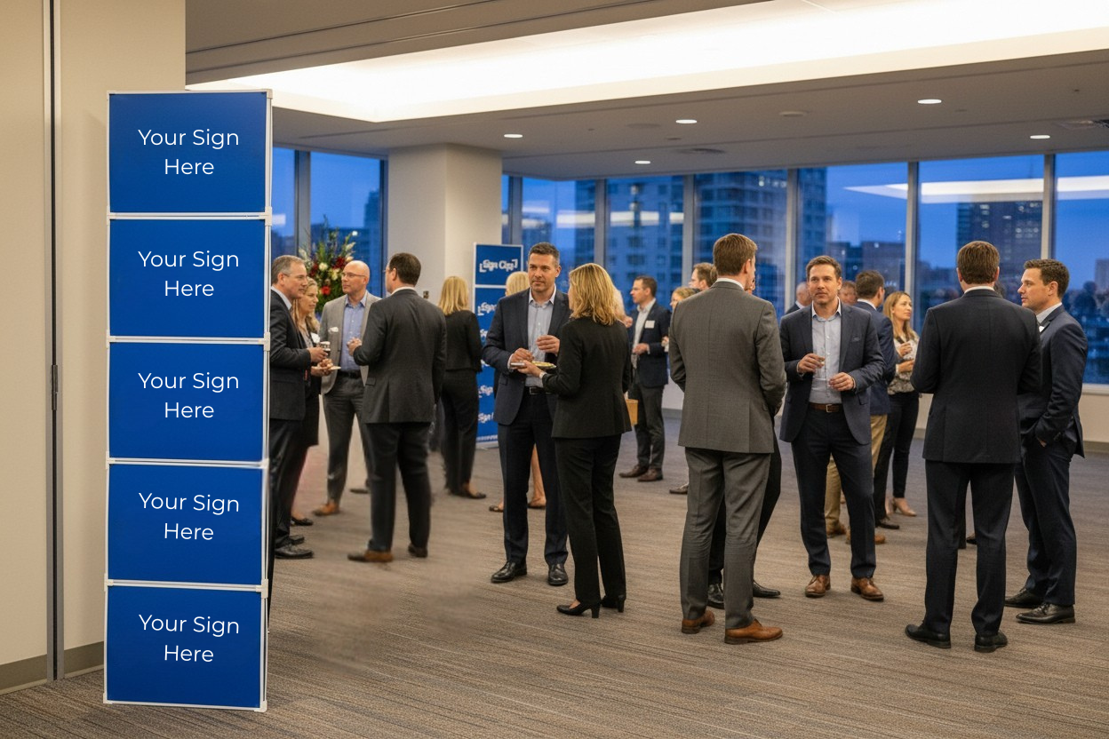 A Sign Clip Display Tower is used as branding and decor at a fundraising event. 