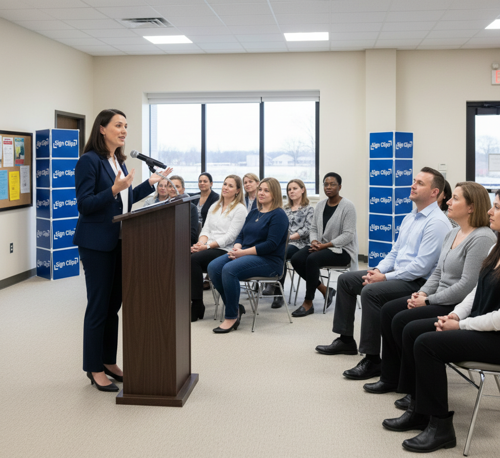 Political candidate speaking at a podium in front of an audience in a conference room with 2 Sign Clip Display Towers around the room (used as branding and decor). 
