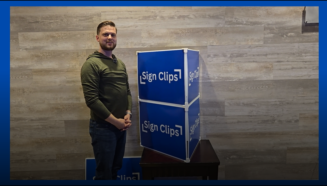 Step-by-step video guide for assembling a sign clip display tower using yard signs and Sign Clip Displays hardware.